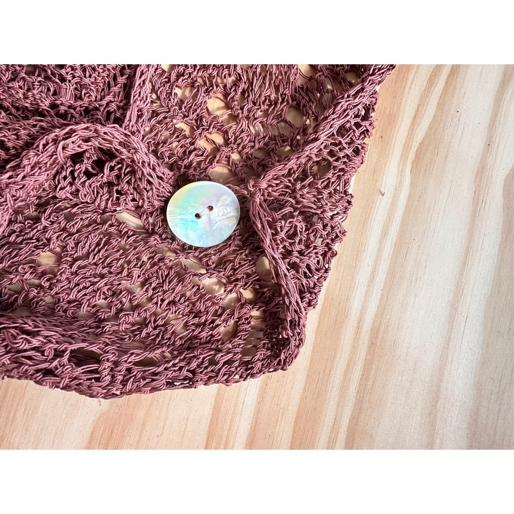 Zara Brown Open Knit Poncho Sweater Crochet Asymmetrical Shell Button Size M - Picture 4 of 8